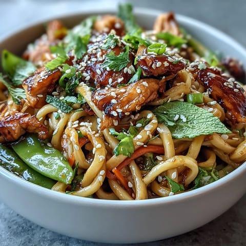 A vibrant, healthy Sesame Chicken Noodle Bowl garnished with sesame seeds and cilantro.