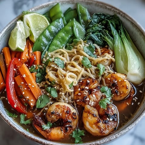 A vibrant Asian Noodle Bowl with Shrimp and Scallops and fresh limes, garnished with cilantro and spring onions for serving.