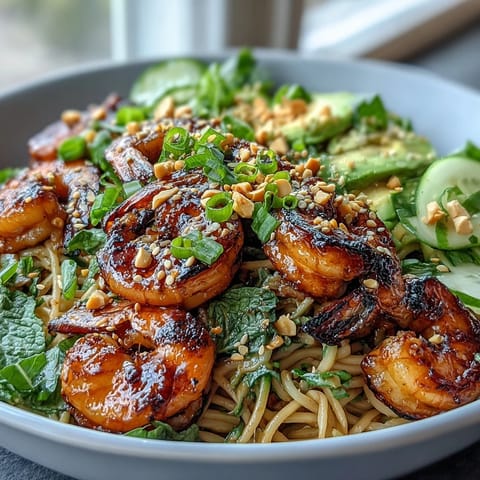 Sizzling grilled shrimp skewers are paired with cold sesame noodles, crunchy peanuts, and fresh cilantro in this refreshing bowl.