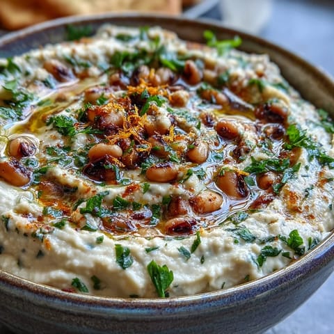 Rustic bowl of Smashed Black-Eyed Peas seasoned with garlic and lemon, ready to be spread onto crusty bread.