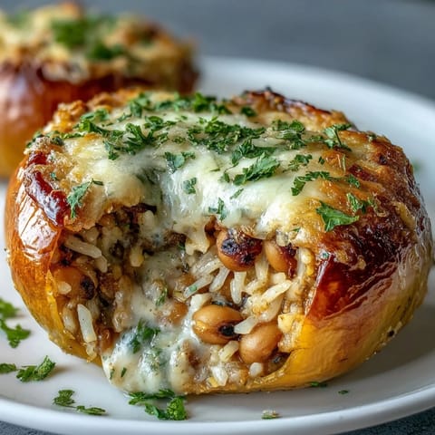 Golden-brown baked Black-Eyed Pea Stuffed Peppers fresh from the oven, filled with a savory blend of peas, rice, and spices.