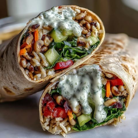 Freshly rolled Black-Eyed Pea Wraps with quinoa, crisp bell peppers, and cucumber served on a rustic plate.
