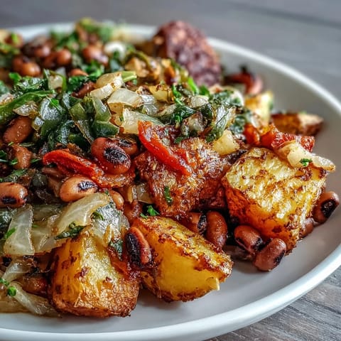 Golden roasted potatoes and black-eyed peas are tossed with colorful bell peppers and onions in this hearty Black-Eyed Pea Hash.