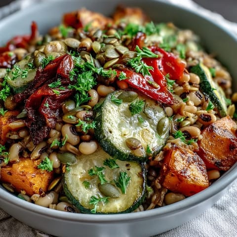 A hearty serving of Black-Eyed Pea Grain Bowl featuring caramelized vegetables, creamy feta crumbles, and toasted pumpkin seeds for extra crunch.