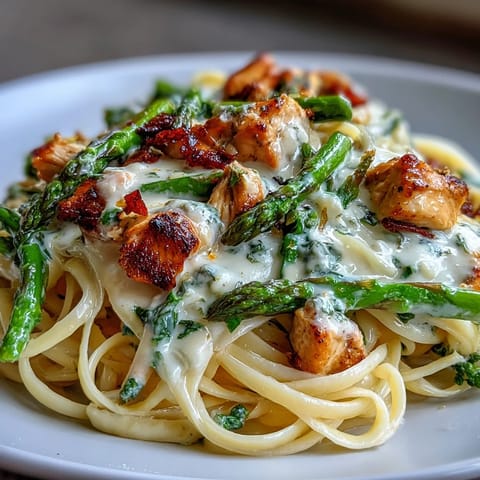Golden-brown roasted asparagus and seared chicken tossed with linguine in a luscious, creamy Asiago cheese sauce, served steaming hot in a white bowl.