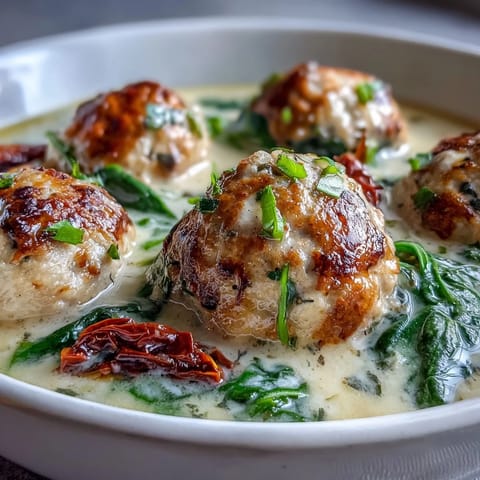Creamy Tuscan Turkey Meatball Soup with tender meatballs swimming in a garlic Parmesan broth, garnished with fresh basil leaves.