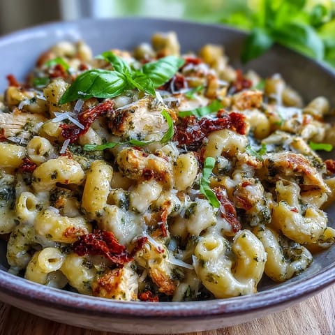 A hearty bowl of Pesto Chicken Chili Mac topped with fresh basil, ready to enjoy for dinner.