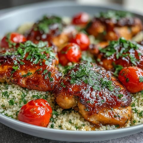 A fork lifts tender One-Pan Garlic Butter Chicken Couscous from a skillet, revealing savory pan juices and bright lemon zest.
