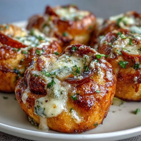 Golden brown Pizza Roll Stuffed Garlic Knots fresh from the oven, brushed with garlic butter and topped with fresh parsley.