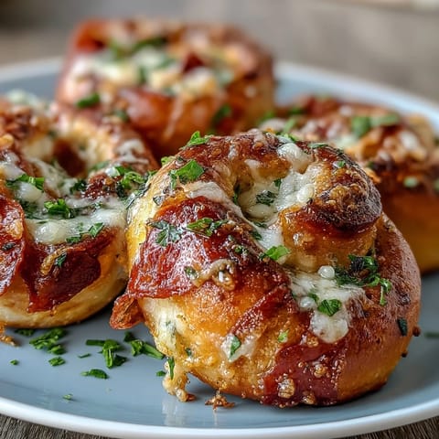A close-up of Pizza Roll Stuffed Garlic Knots revealing melted mozzarella and pepperoni inside the soft, high-protein dough.