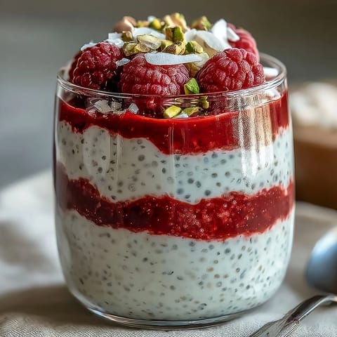 A close-up of Vegan Raspberry Coconut Chia Parfaits in glass jars, featuring vibrant red raspberry swirls and crunchy coconut flakes on top.