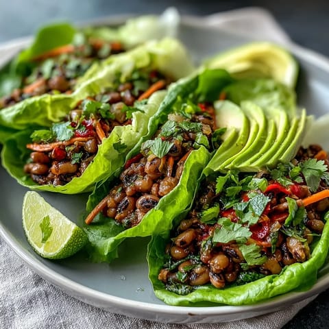 Crunchy lettuce wraps stuffed with smoky black-eyed peas, diced peppers, and shredded carrots, topped with avocado and hot sauce.  