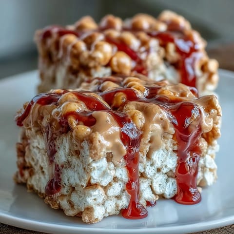 High-Protein PB&J Rice Krispie Bars with peanut butter drizzle and jelly swirls on a white plate.  