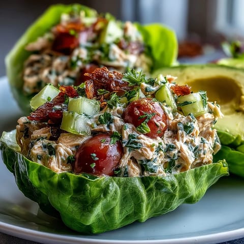 Crisp lettuce cups loaded with protein-rich tuna salad, crunchy celery, and zesty lemon for a light, satisfying meal.  