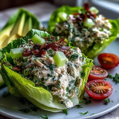 High-protein tuna salad lettuce cups filled with creamy tuna salad and topped with fresh avocado and cherry tomatoes.  