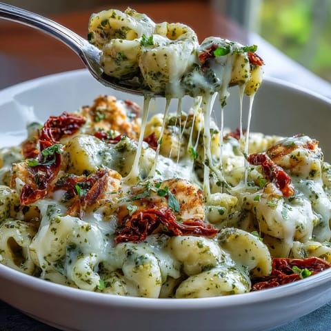 Creamy pesto chicken chili mac with tender chicken, elbow macaroni, and sun-dried tomatoes in a rich, cheesy sauce, topped with mozzarella and Parmesan.  