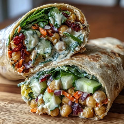 Fresh and vibrant vegan lemon tahini chickpea wraps packed with crisp vegetables and creamy dressing, perfect for a healthy lunch or light dinner.