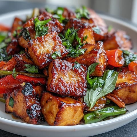 A colorful plate of vegan Thai basil tofu stir-fry with crisp bell peppers, snap peas, and aromatic Thai basil leaves.