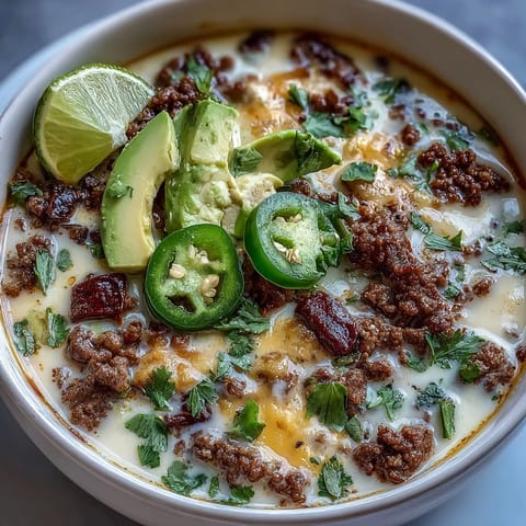 A steaming bowl of keto taco soup with ground beef, melted cheese, and fresh avocado slices on top.  