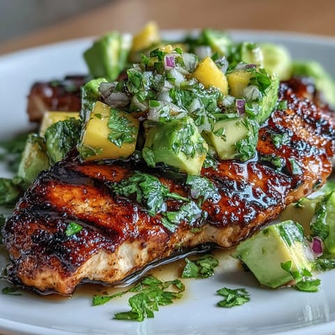 Juicy grilled chicken breasts topped with a colorful mango avocado salsa bursting with tropical flavors and fresh lime zest.