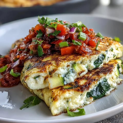 Fluffy egg white omelette packed with fresh spinach, bell pepper, and zucchini, topped with homemade zesty salsa for a light, protein-rich breakfast.  
