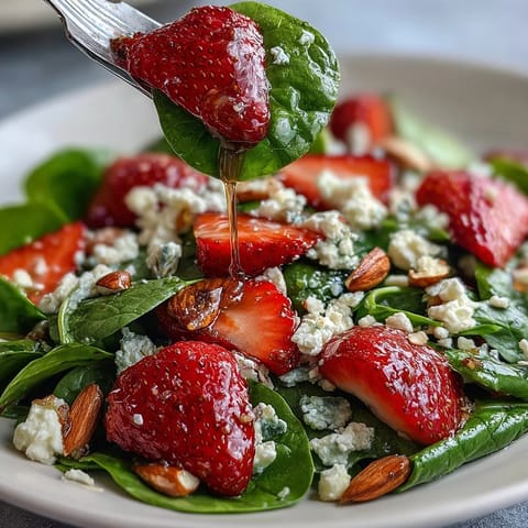 Fresh Strawberry Spinach Salad with Feta and Toasted Almonds - a vibrant mix of sweet berries, creamy cheese, and crunchy nuts in every bite.