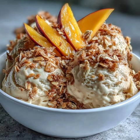 Tropical mango coconut ice cream with toasted oats, fresh fruit, and mint, a refreshing dairy-free dessert for warm days.