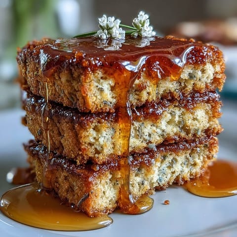 Moist lavender-infused cake topped with rich salted honey glaze, offering a harmonious blend of sweet and savory flavors.  