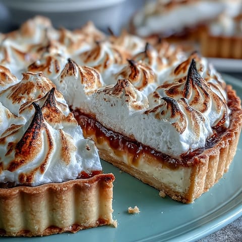 Vibrant passionfruit tart with golden meringue topping, tangy curd in buttery pastry crust, perfect for special occasions.