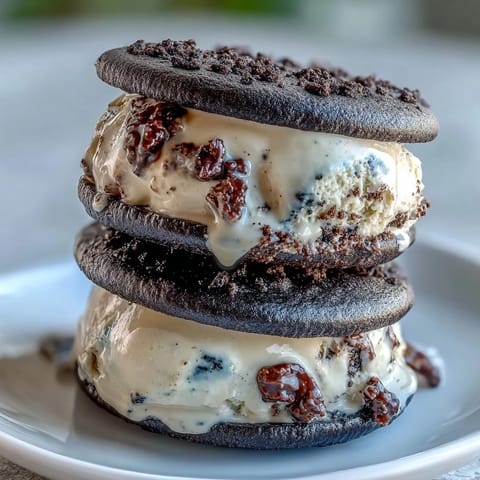 Rich black sesame ice cream nestled between soft, nutty black sesame cookies for a decadent treat.  