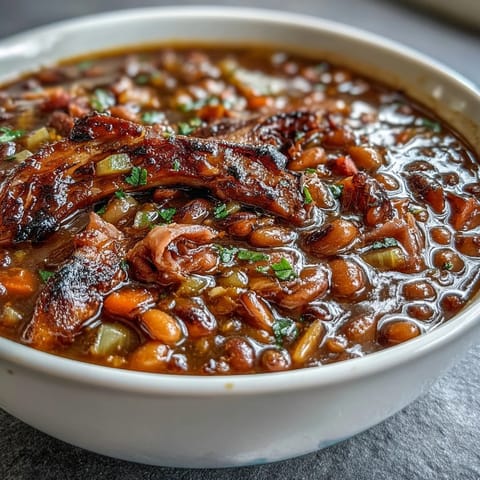 Slow-cooked 15-bean soup with ham bone, rich broth, and tender vegetables for ultimate comfort.  