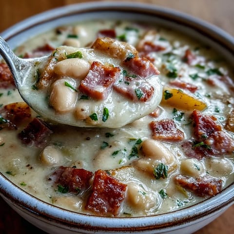 Creamy Ham and White Bean Soup with Herbs, a comforting bowl of tender ham and creamy beans, garnished with fresh parsley and cracked black pepper.