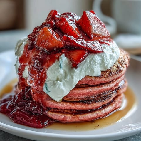 Fluffy pink pancakes with beetroot, topped with fresh strawberry compote and whipped cream for a festive Galentine's brunch.