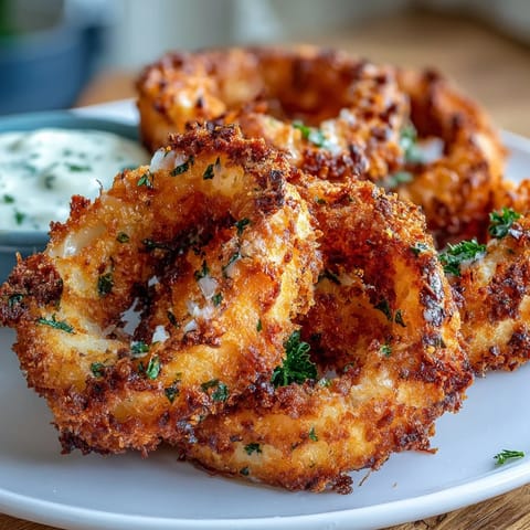 Crispy golden onion rings cooked in the air fryer, served with a creamy garlic aioli dip for a flavorful appetizer.  