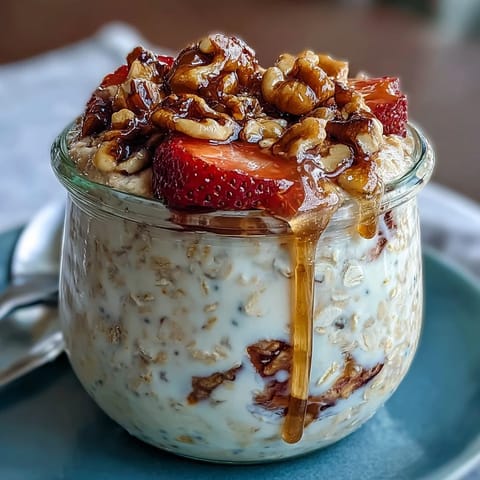 Creamy overnight oats with fresh strawberries and crunchy candied walnuts in a glass jar, perfect for a healthy breakfast.