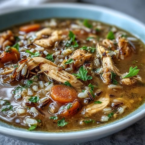 Hearty chicken and wild rice soup filled with shredded chicken, wild rice, carrots, and celery, perfect for warming up on cold days.