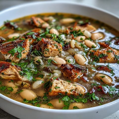 Smoked turkey and white bean soup with herbs, rich and savory, served steaming in a rustic bowl with fresh parsley garnish.