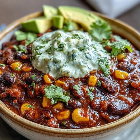 A steaming bowl of black bean and corn chili topped with zesty lime crema and fresh cilantro.  