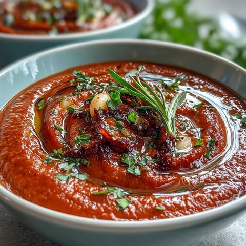 A creamy roasted red pepper and white bean soup with vibrant color and rich Mediterranean flavors, perfect for a cozy vegetarian dinner.