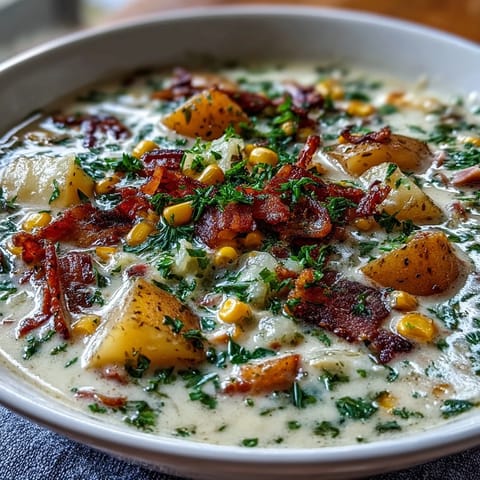 Creamy ham and potato chowder with celery and sweet corn in a light broth, topped with fresh parsley.  