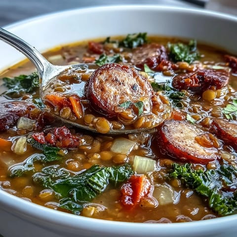 Hearty spicy sausage and lentil soup with kale, simmered in a savory tomato broth and topped with fresh herbs.  