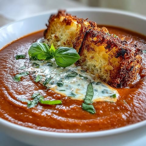 Creamy Tomato Basil Soup with Sourdough Dippers, rich and velvety, served with golden, buttery sourdough bread dippers for dipping.