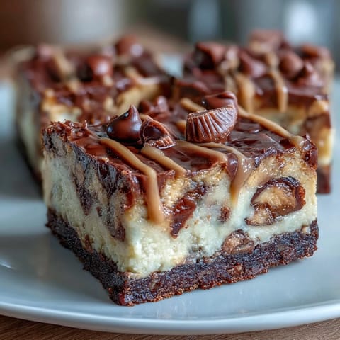 Decadent cheesecake bars featuring peanut butter cup pieces and creamy peanut butter filling, perfect for dessert parties and celebrations.  