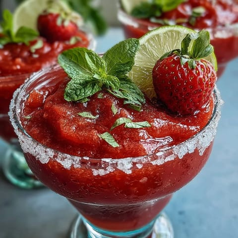 Refreshing alcohol-free strawberry daiquiri mocktail with zesty lime sugar rim and fresh mint garnish.
