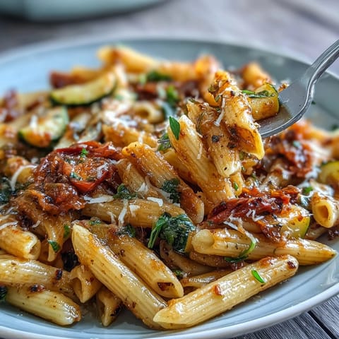 Colorful one-pot pasta dish with zucchini, bell pepper, and spinach, topped with grated Parmesan and served steaming hot.