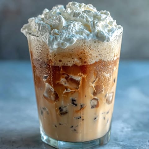 Creamy iced vanilla bean frappuccino topped with fluffy coconut whipped cream and a sprinkle of cinnamon.