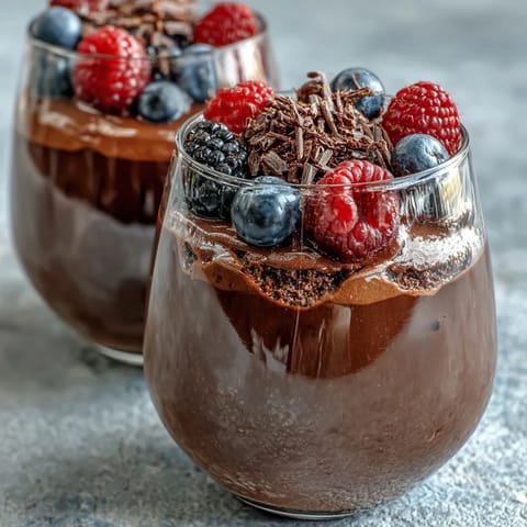Velvety high-protein cottage cheese chocolate mousse topped with fresh berries and shaved dark chocolate.