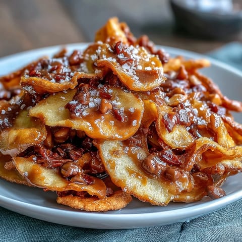 Candy Apple Nachos with gooey caramel drizzle and melty chocolate chips, arranged on a platter for a fun party dessert.