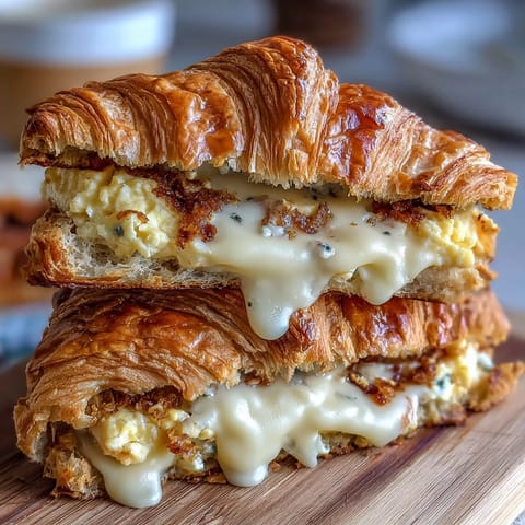 Buttery croissant breakfast sandwiches filled with fluffy scrambled eggs and melted cheese, perfect for a quick and satisfying morning meal.
