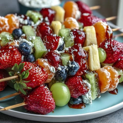 Rainbow fruit kabobs with yogurt dip in a colorful arrangement on a white platter, perfect for St. Patrick's Day celebrations